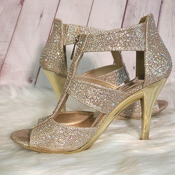 Rhinestone Bling Metallic Gold Heel Vegas Sparkly Stiletto Open Toe Heels Sz 7 - Picture 11 of 17
